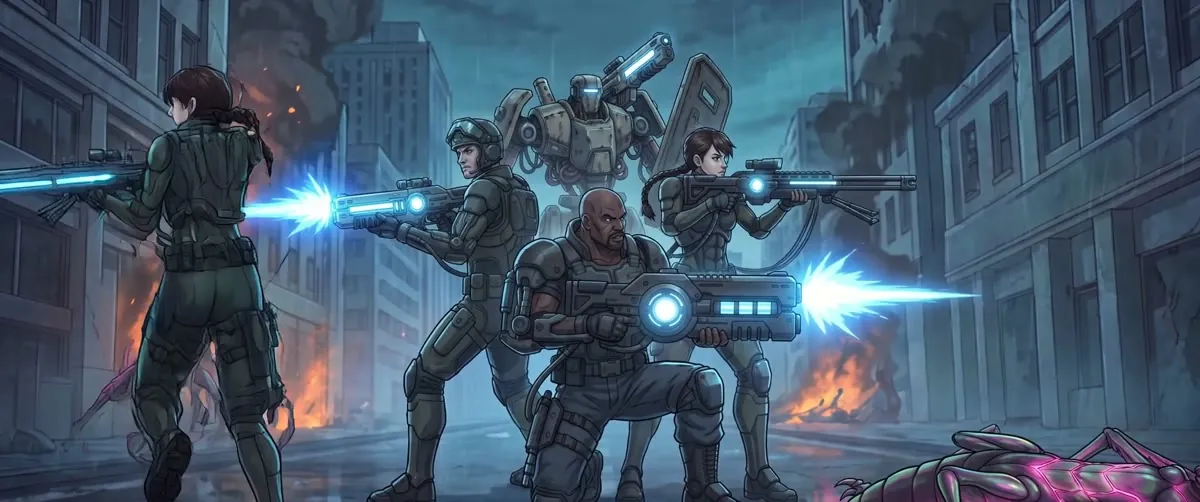 The squad fires down a burning street, an alien body in the foreground.